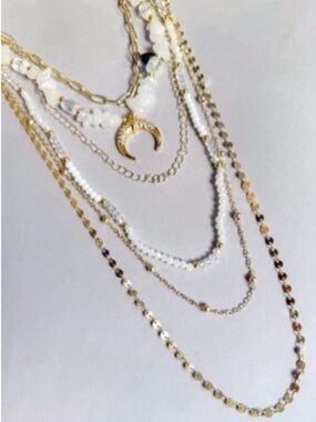 NWT Dylan Jewelry Rhodes Ivory Necklace Layered Gold Tone Crescent Pendant Chain